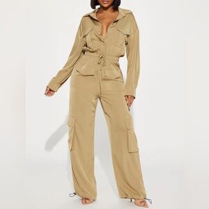 NEW Tan Utility Drawstring Cargo Pants Wide Leg Jumpsuit XL